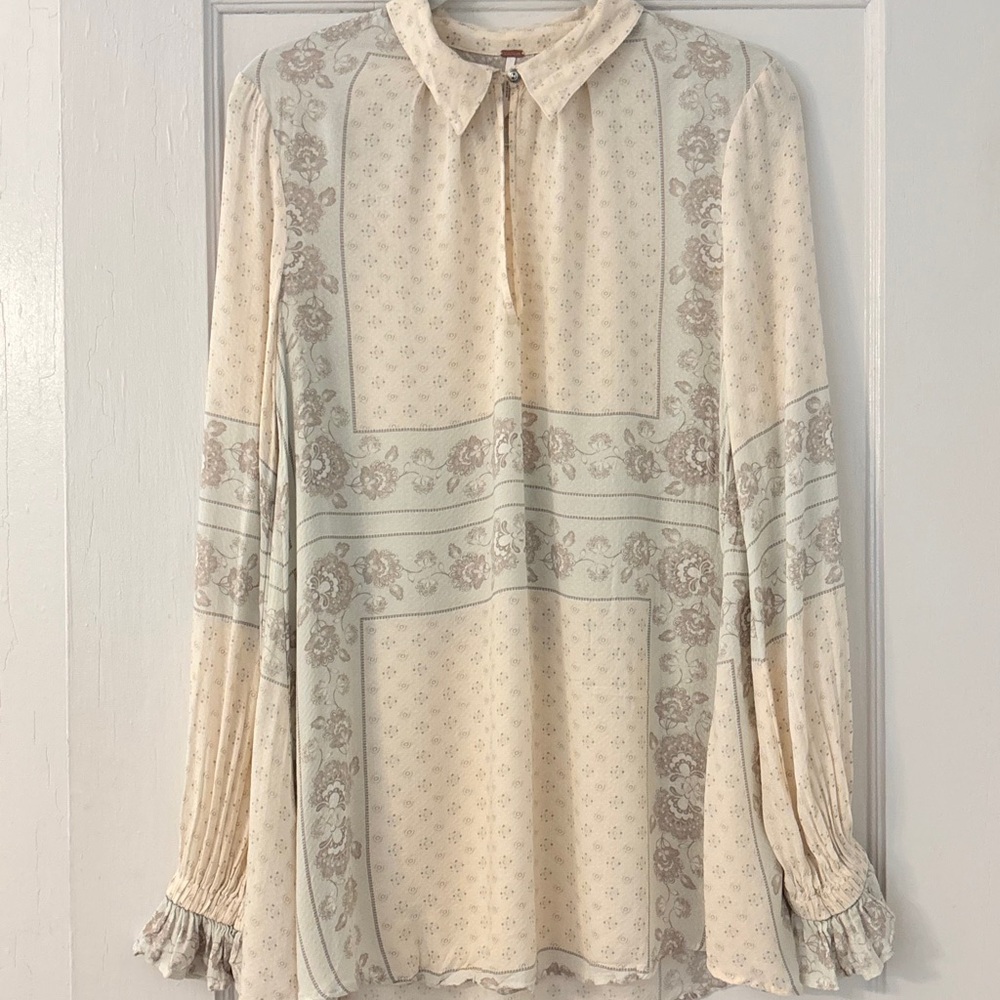 Free People Moonlight Valley Printed Blouse Boho Ivory Floral (S)